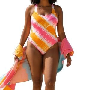 Aerie Tie dye One Piece Racer back Bathing Suit Pink Orange White Size L NWOT